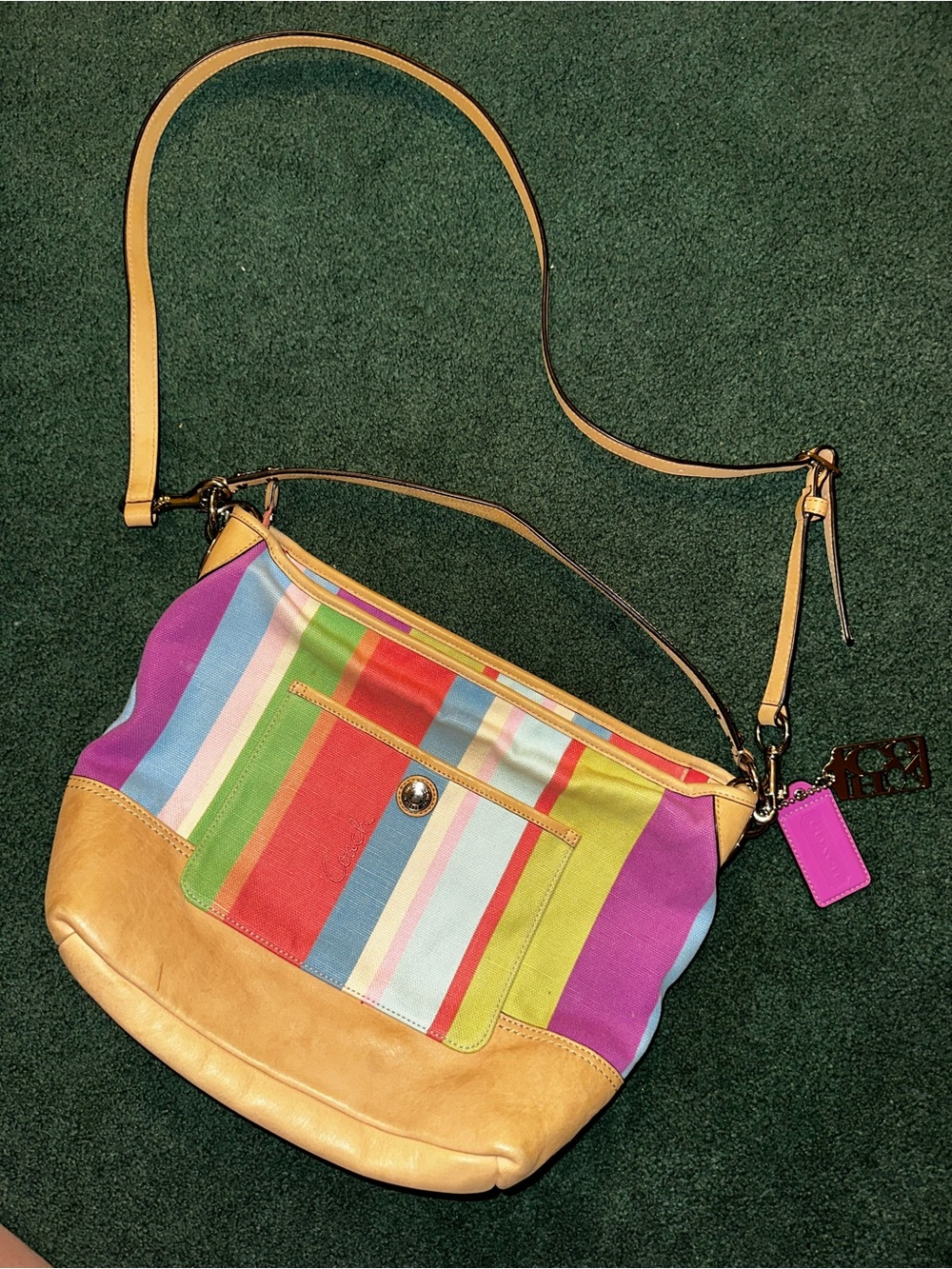 Coach Multicolor Striped Canvas Tote with keychain coach bag charm. - Picture 2 of 2